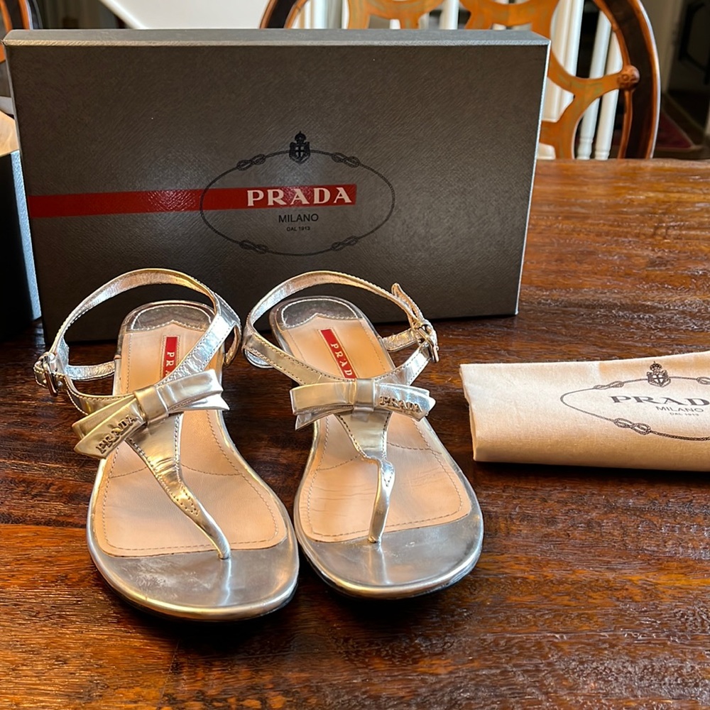 Authentic Prada Silver Thong heel sandals